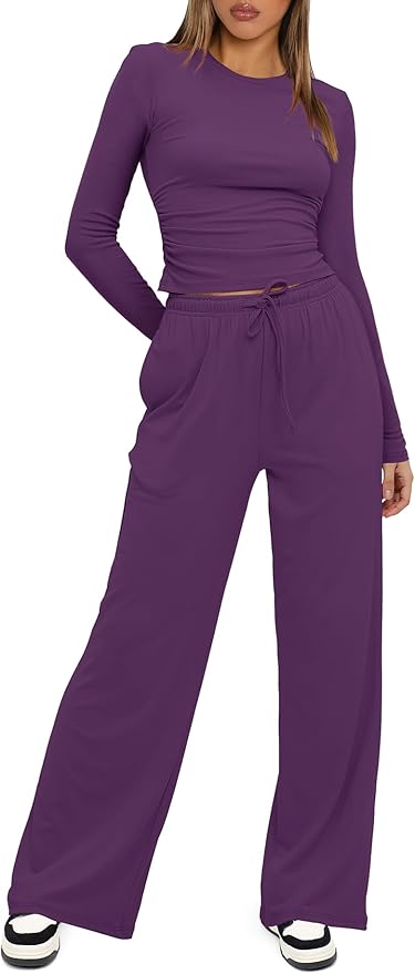 Darong Women's 2 Piece Outfits Lounge Sets 2026 Long Sleeve Tops Wide Leg Pants Casual Matching Set