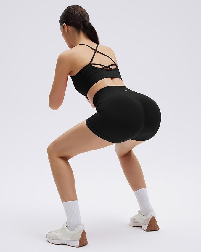 SUUKSESS Women Seamless 2 Piece Workout Sets Criss Cross Sports Bra High Waist Booty Shorts
