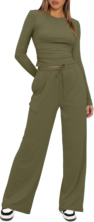 Darong Women's 2 Piece Outfits Lounge Sets 2026 Long Sleeve Tops Wide Leg Pants Casual Matching Set