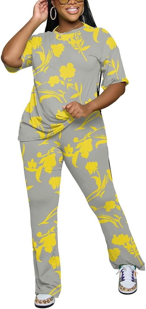 PINSV Women 2 Piece Outfits Short Sleeve Top and Flare Pants Lounge Sets Tracksuit
