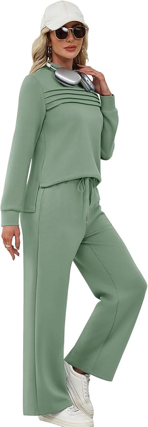 WIHOLL Two Piece Sets for Women Spring Travel Vacation Outfits 2026 Long Sleeve Lounge Sets Side Slit Wide Leg Pants S-3XL