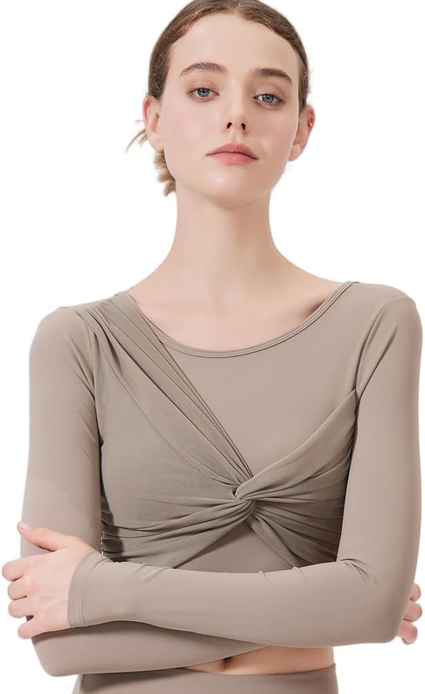 Harssidanzar Women's Backless Yoga Tops 2 in 1 Long Sleeve with Sports Bra for Gym Athletic CL313US