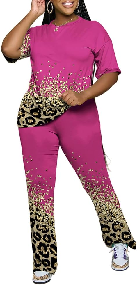 PINSV Women 2 Piece Outfits Short Sleeve Top and Flare Pants Lounge Sets Tracksuit
