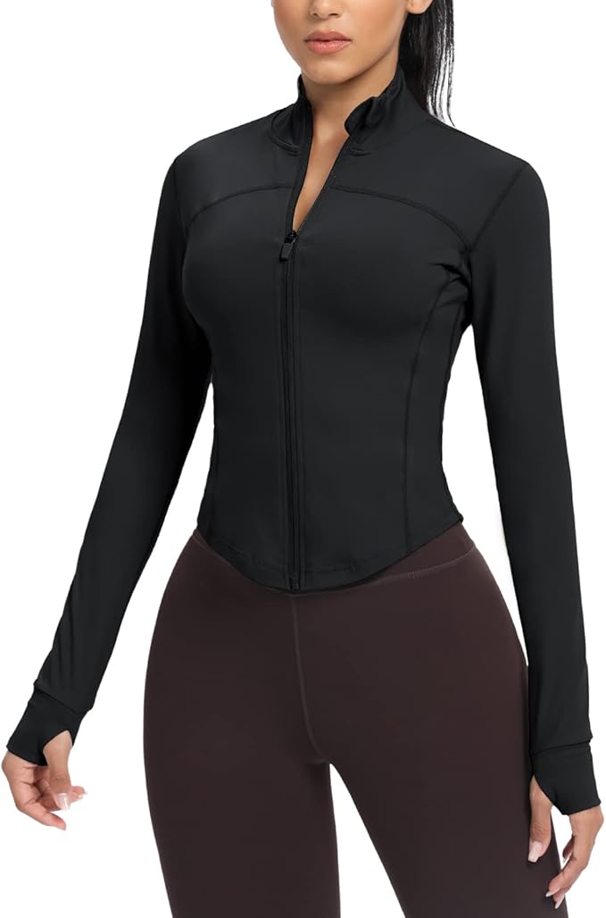 AVGO Women's Cropped Running Workout Jackets Zip Slim Fit Athletic Tops with Thumb Holes