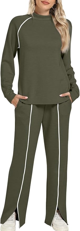 WIHOLL Lounge Sets for Women 2 Piece Fall Outfits 2025 Wide Leg Pant Matching Sets Womens Clothing