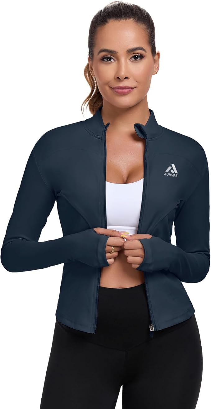 Women's Full Zip Workout Jacket Lightweight Running Slim Fit Athletic Jackets With Thumb Holes