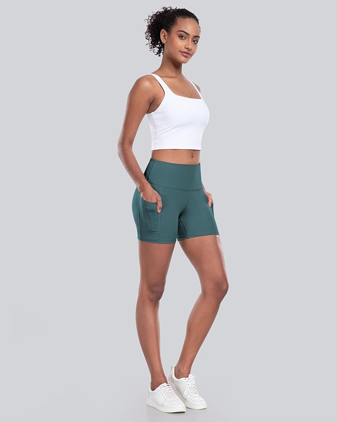CHRLEISURE Womens Biker Yoga Shorts with Pocket, High Waisted Tummy Control 5 Inch Workout Spandex Athletic Gym Shorts