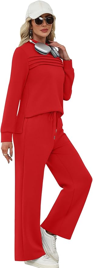 WIHOLL Two Piece Sets for Women Spring Travel Vacation Outfits 2026 Long Sleeve Lounge Sets Side Slit Wide Leg Pants S-3XL