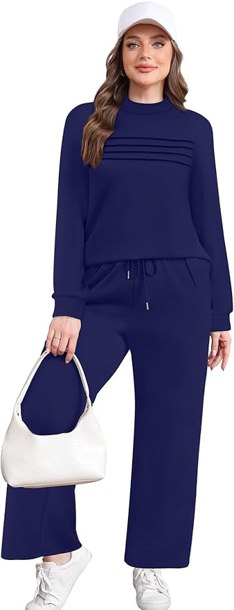 WIHOLL Two Piece Sets for Women Spring Travel Vacation Outfits 2026 Long Sleeve Lounge Sets Side Slit Wide Leg Pants S-3XL