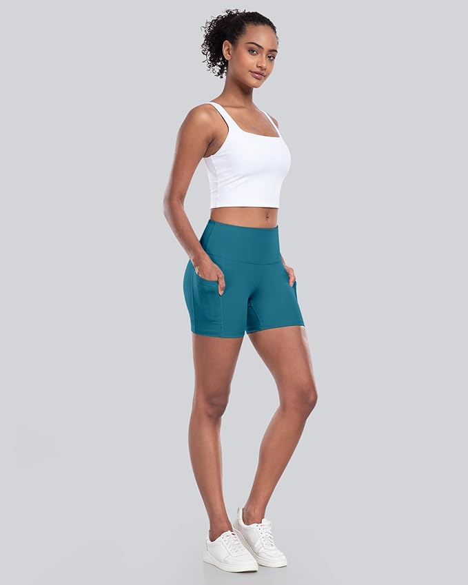 CHRLEISURE Womens Biker Yoga Shorts with Pocket, High Waisted Tummy Control 5 Inch Workout Spandex Athletic Gym Shorts