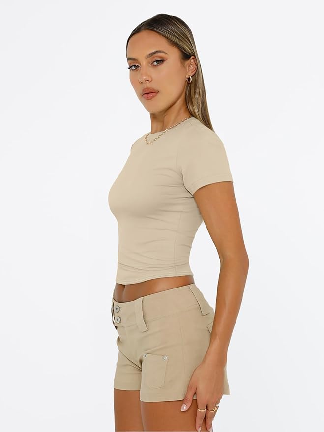 Trendy Queen Womens Short Sleeve T Shirts - Buttery Soft Summer Crop Tops Slim Fit Y2k Basic Tees for Workout