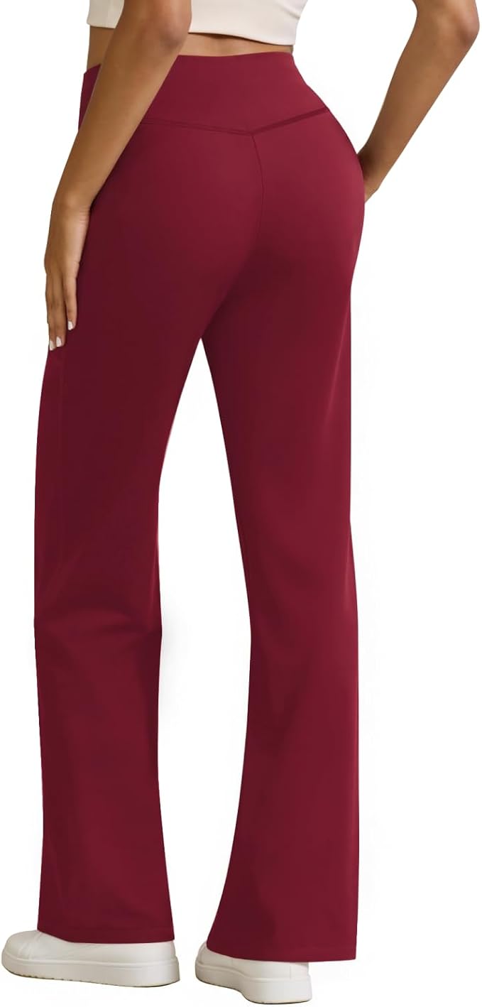 Womens High Waist Yoga Pants Stretchy Casual Trousers Straight Leg Pull On Side Pockets