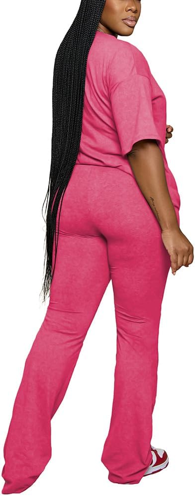PINSV Women 2 Piece Outfits Short Sleeve Top and Flare Pants Lounge Sets Tracksuit