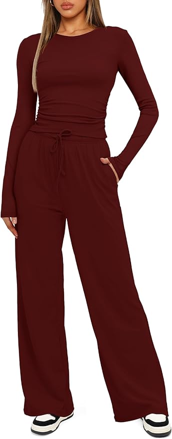 Darong Women's 2 Piece Outfits Lounge Sets 2026 Long Sleeve Tops Wide Leg Pants Casual Matching Set