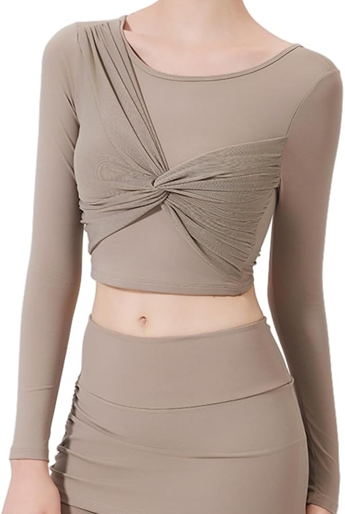 Harssidanzar Women's Backless Yoga Tops 2 in 1 Long Sleeve with Sports Bra for Gym Athletic CL313US