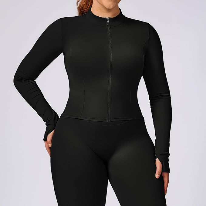 Yknktstc Womens Full Zip Athletic Jacket with Thumbhole Long Sleeve Crop Top Running Workout Yoga Sportswear Shirt