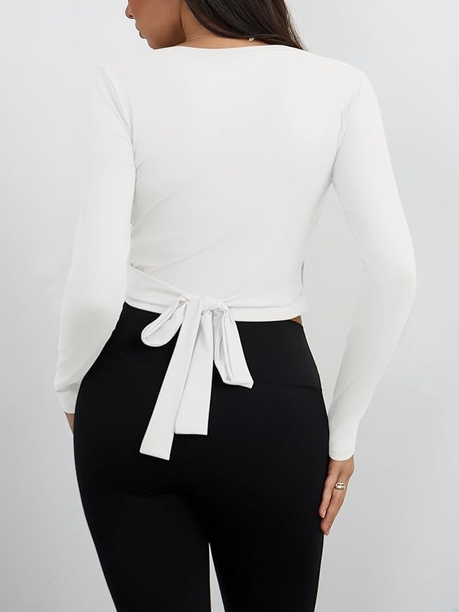 Yousify Womens Wrap Tie Tops Y2k Long Sleeve Ballet Pilates Yoga Workout Wrap Shirts Deep V Neck Casual Tops