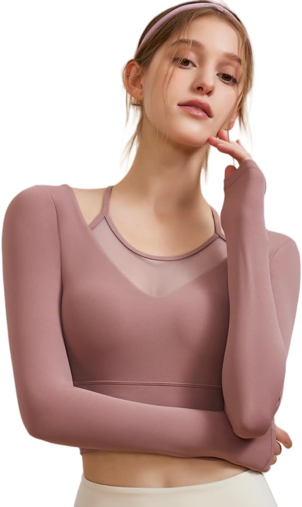 Harssidanzar Women's Yoga Workout Tops 2 in 1 Sports Bra for Gym Athletic Casual Long Sleeve CL312US