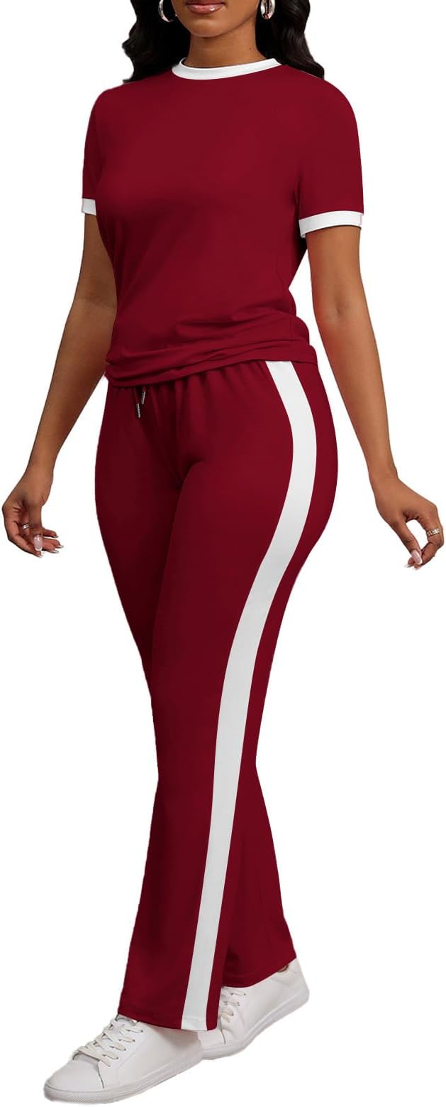 PINSV Women's 2 Piece Outfits Short Sleeve Tops Sweatpants Colorblock Bodycon Lounge Sets Tracksuit
