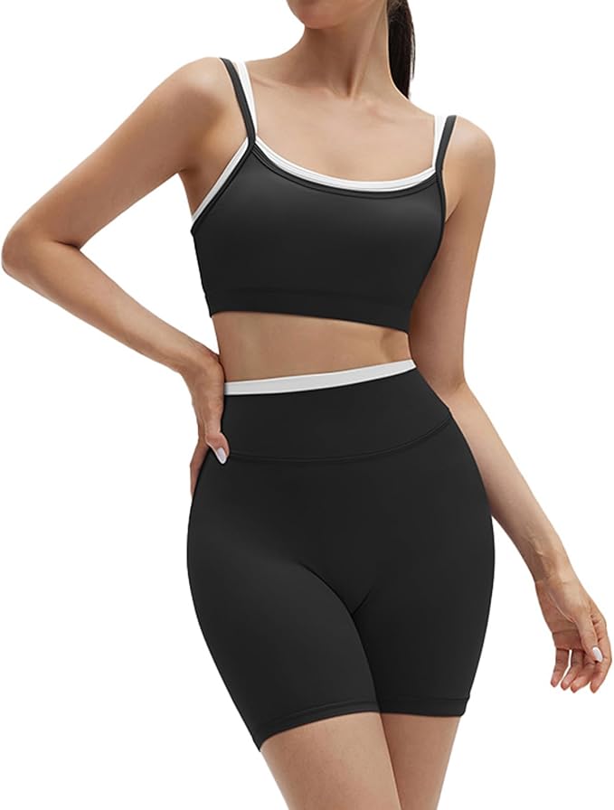 SUUKSESS Women 2 Pieces Workout Sets Padded Spaghetti Straps Camis High Waist Biker Shorts