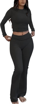 ZFLM Casual Workout Two Piece Outfits Long Sleeve High Waist Fold-Over Flared Leggings Pants Tracksuit Sets Streetwear