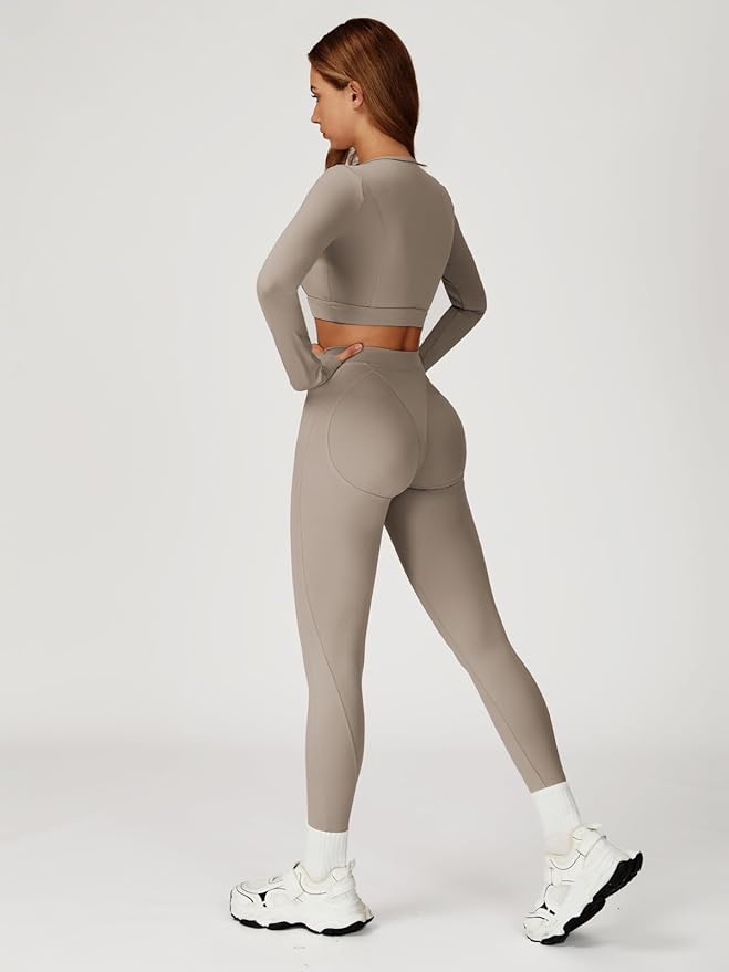 Women’s 2 Piece Workout Set Long Sleeve Crop Top & High Waist Leggings | Stretch Activewear for Gym & Yoga