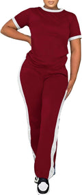 PINSV Women's 2 Piece Outfits Short Sleeve Tops Sweatpants Colorblock Bodycon Lounge Sets Tracksuit