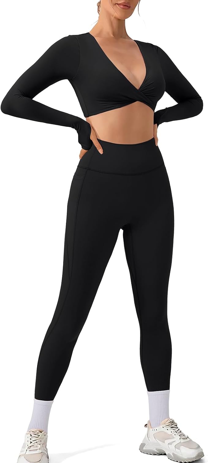 SUUKSESS Women 2 Piece Workout Sets Long Sleeve Twist Deep V Crop Padded Tops Yoga Leggings with Side Pockets