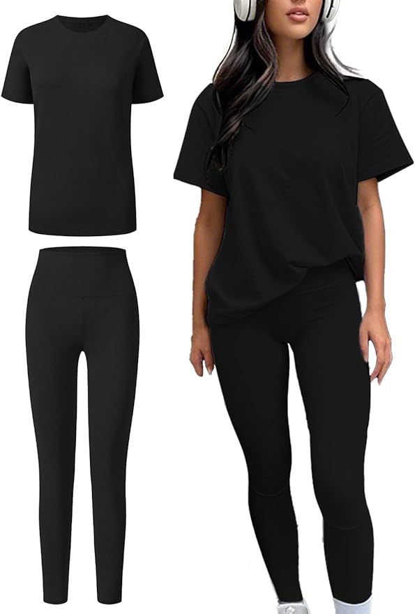 ZFLM casual sportswear 3-piece set high waist tight pants yoga pants short sleeved round neck yoga set