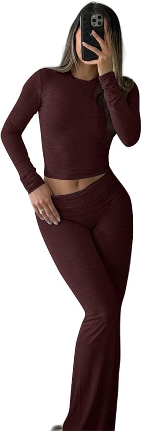 ZFLM Casual Workout Two Piece Outfits Long Sleeve High Waist Fold-Over Flared Leggings Pants Tracksuit Sets Streetwear