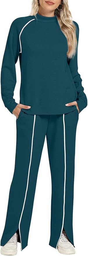 WIHOLL Lounge Sets for Women 2 Piece Fall Outfits 2025 Wide Leg Pant Matching Sets Womens Clothing