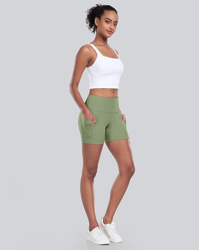 CHRLEISURE Womens Biker Yoga Shorts with Pocket, High Waisted Tummy Control 5 Inch Workout Spandex Athletic Gym Shorts