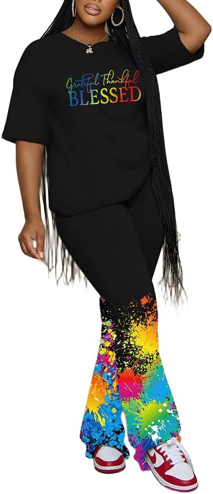 PINSV Women 2 Piece Outfits Short Sleeve Top and Flare Pants Lounge Sets Tracksuit