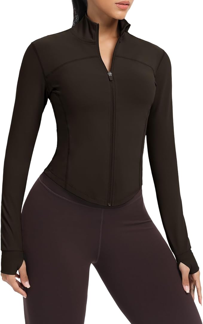 AVGO Women's Cropped Running Workout Jackets Zip Slim Fit Athletic Tops with Thumb Holes