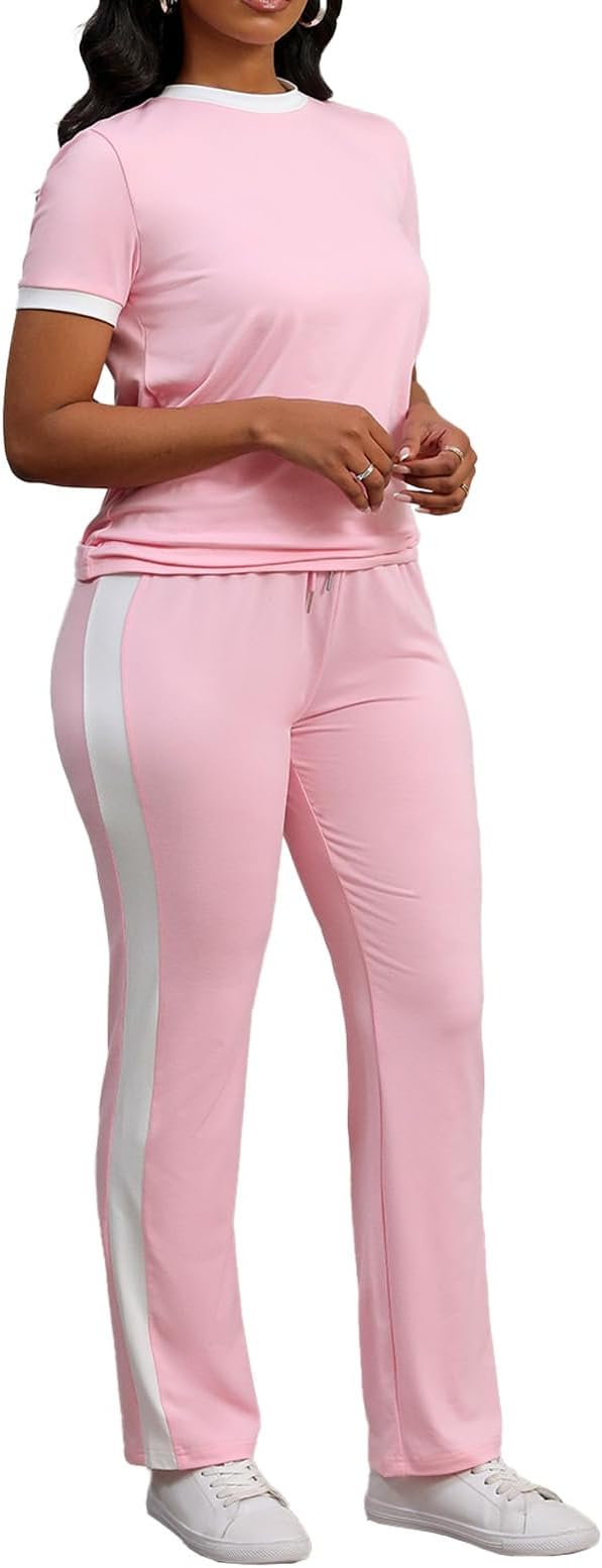 PINSV Women's 2 Piece Outfits Short Sleeve Tops Sweatpants Colorblock Bodycon Lounge Sets Tracksuit