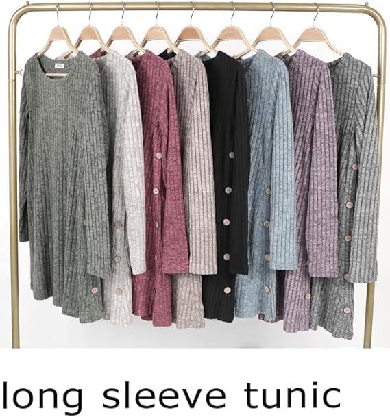 Poetsky Women Long Sleeve Tunic Tops to Wear with Leggings Side Buttons Long Shirts Rib Sweater Dress with Pockets S-3XL