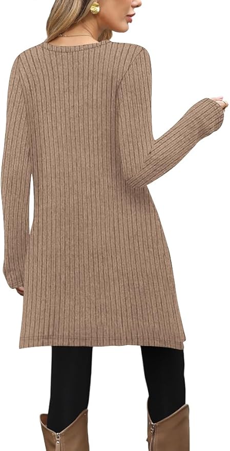 Poetsky Women Long Sleeve Tunic Tops to Wear with Leggings Side Buttons Long Shirts Rib Sweater Dress with Pockets S-3XL