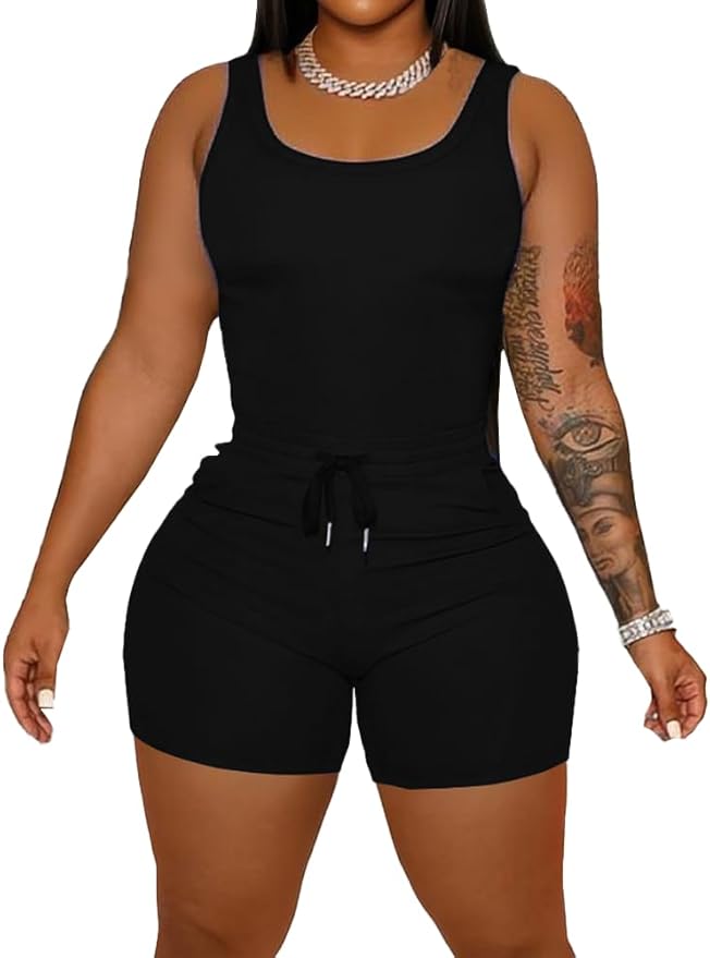 HBQ Women 2 Piece Outfits Sleeveless Tank Tops Biker Short Workout Jogger Sets Summer