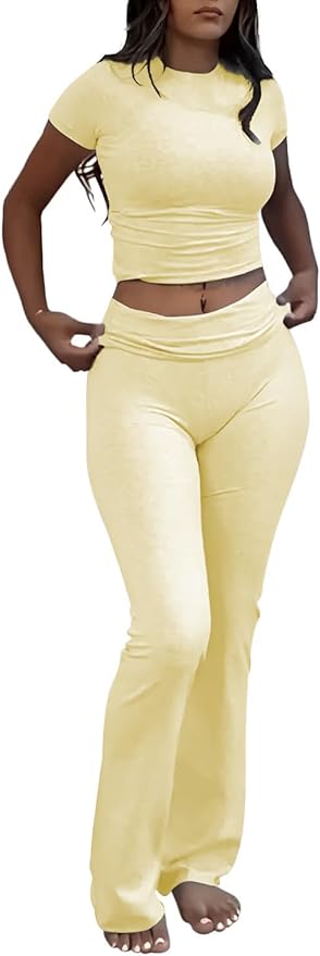 ZFLM Casual Workout Two Piece Outfits for Women Short Sleeve Crop High Waist Foldover Flare Pants Tracksuit Sets Streetwear