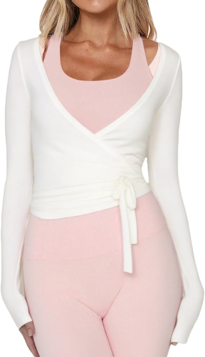 Women Ballet Wrap Top Long Sleeve Self Tie Dance Shirt Pilates Yoga Tops Y2k Workout Active Blouses