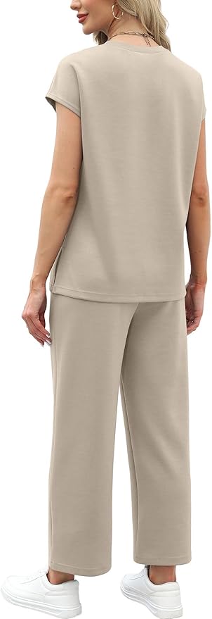WIHOLL Two Piece Sets for Women Summer Spring Travel Vacation Outfits Cap Sleeve Lounge Matching Sets Wide Leg Pants S-3XL