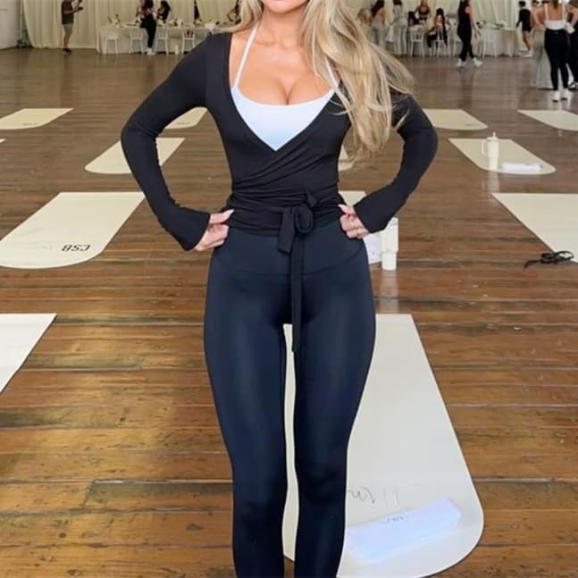 Women Wrap Top Long Sleeve Deep V Neck Cross Tie Workout Ballet Pilates Yoga Shirt