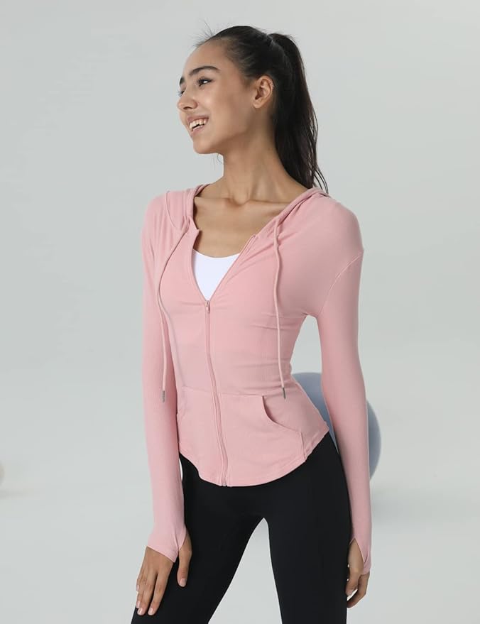 Locachy Womens Slim Fit Full Zip Hoodie Athletic Jacket Yoga Workout Running Jackets with Thumb Holes