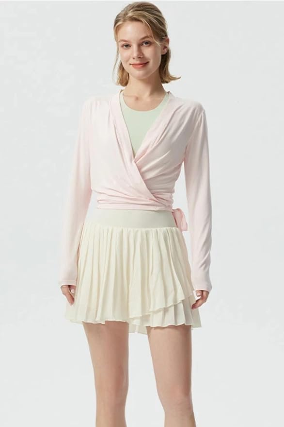 Yoga outfit with feminine temperament, cross V-neck, slimming effect, pleated waist, slim fit, sports long sleeved outfit