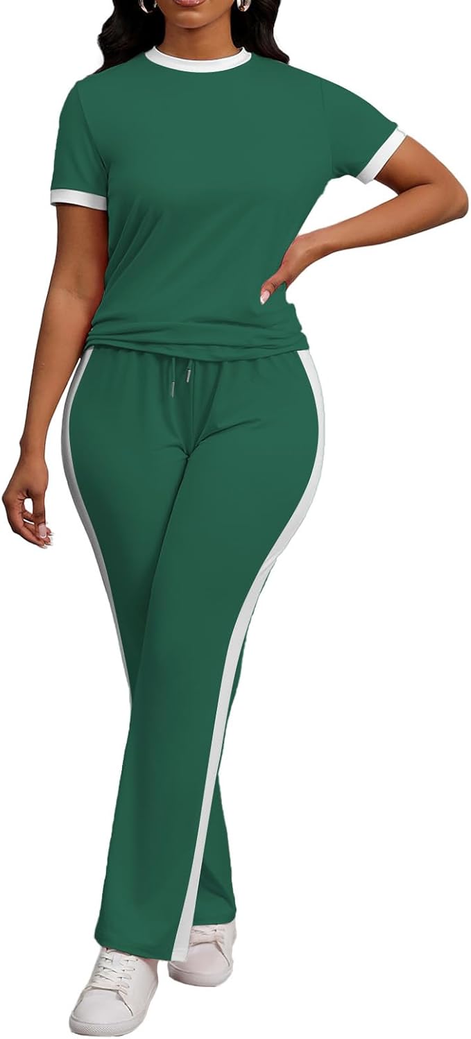 PINSV Women's 2 Piece Outfits Short Sleeve Tops Sweatpants Colorblock Bodycon Lounge Sets Tracksuit