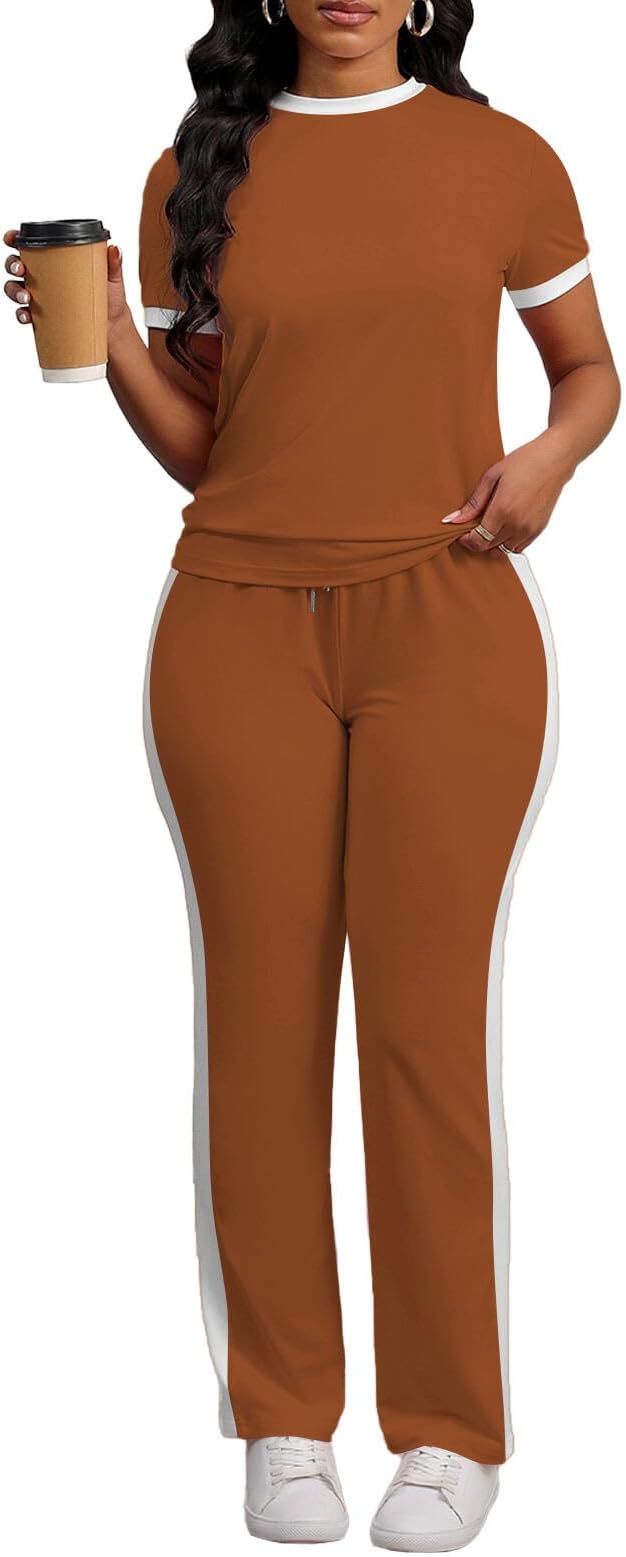 PINSV Women's 2 Piece Outfits Short Sleeve Tops Sweatpants Colorblock Bodycon Lounge Sets Tracksuit
