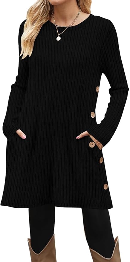 Poetsky Women Long Sleeve Tunic Tops to Wear with Leggings Side Buttons Long Shirts Rib Sweater Dress with Pockets S-3XL