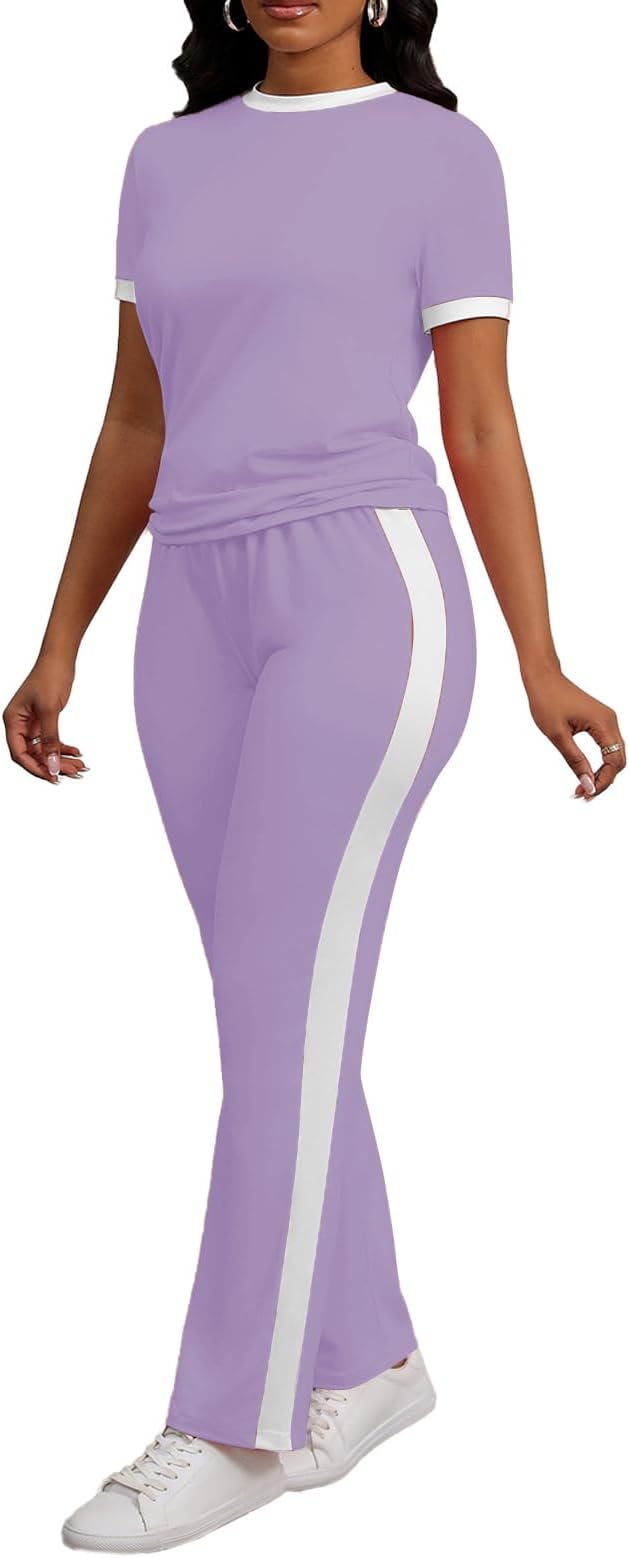 PINSV Women's 2 Piece Outfits Short Sleeve Tops Sweatpants Colorblock Bodycon Lounge Sets Tracksuit