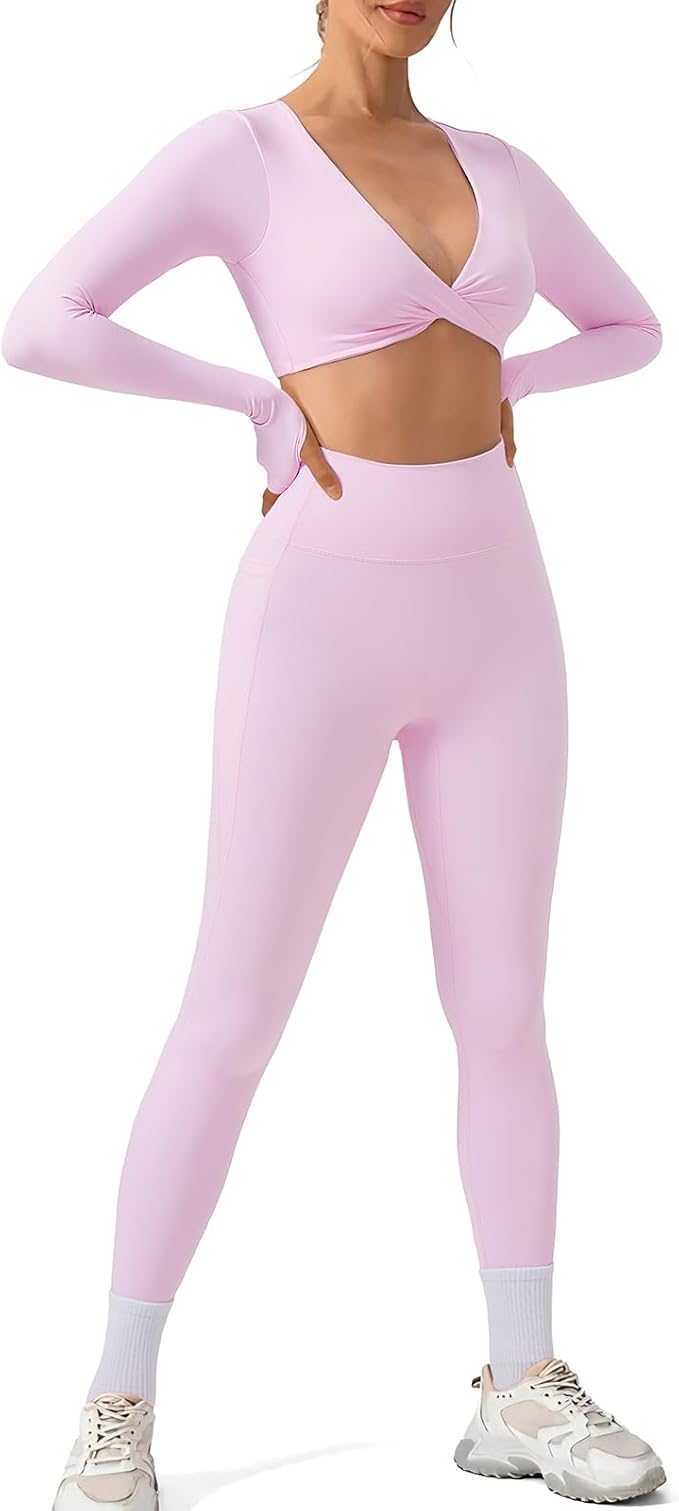 SUUKSESS Women 2 Piece Workout Sets Long Sleeve Twist Deep V Crop Padded Tops Yoga Leggings with Side Pockets