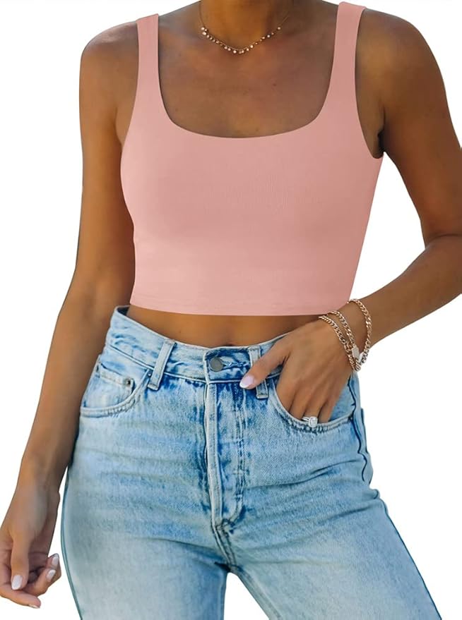 REORIA Women’s Sexy Square Neck Double Lined Seamless Sleeveless Cropped Tank Yoga Crop Basic Tops